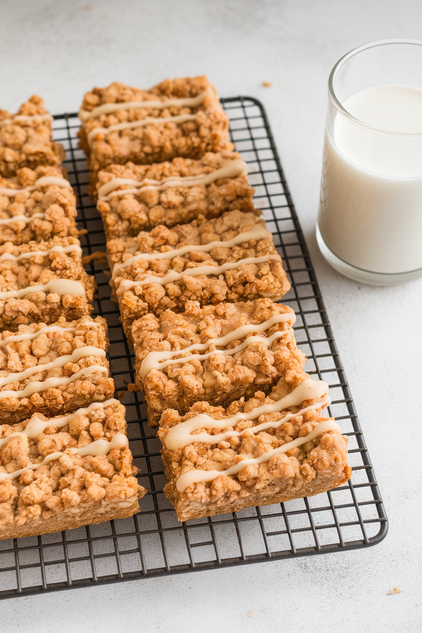 Indoor cooling rack with squares of golden oat bars drizzled lightly with almond butter. No text or logos visible.
