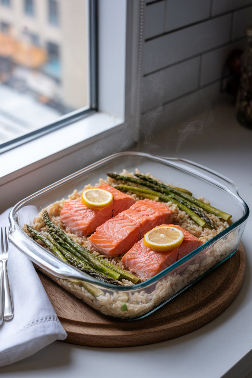 Indoor dining table with a glass baking dish containing flaky cooked salmon chunks nestled in brown rice with chopped asparagus and lemon slices on top, steam rising gently. No visible text or branding.