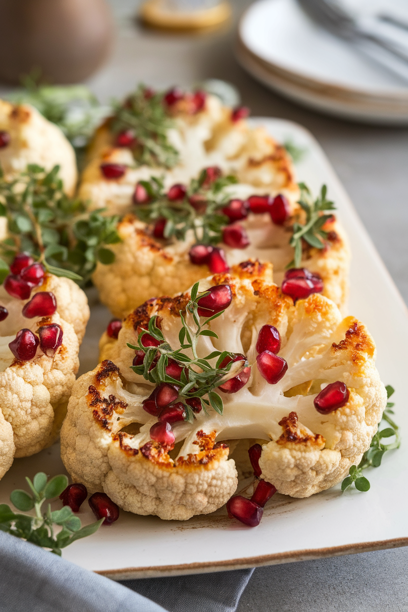 A white indoor serving platter displaying thick roasted cauliflower “steaks” brushed with glossy pomegranate glaze and sprinkled with fresh herbs and arils. No text or logos present in the photo.