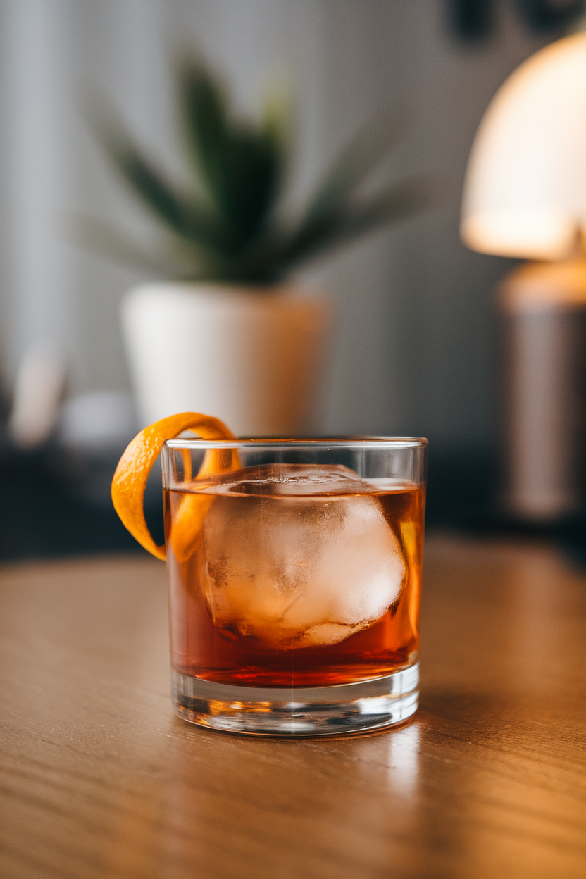 Indoor photo of a rocks glass with an amber cocktail, large ice cube, and orange twist, no text or logos