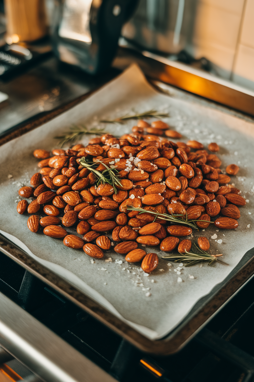 A parchment-lined baking sheet on an indoor kitchen counter piled with glossy roasted almonds sprinkled with rosemary needles and flaky salt. Warm ambient lighting. Photo, no text or logos.