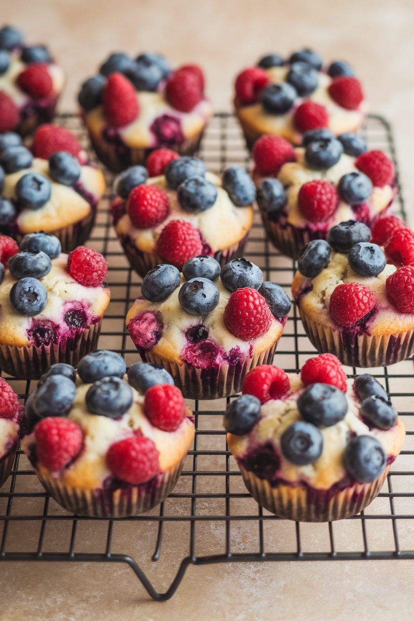 Indoor photo of muffins overflowing with blueberries, raspberries, and strawberries, on a cooling rack, no text or logos