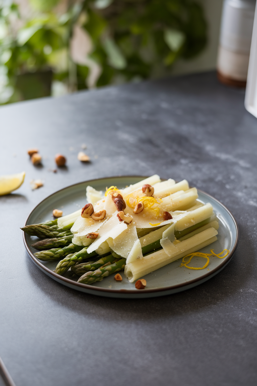 Photo of an indoor countertop with a plate of thin asparagus ribbons, parmesan shavings, toasted hazelnuts, and lemon zest. No logos or text.