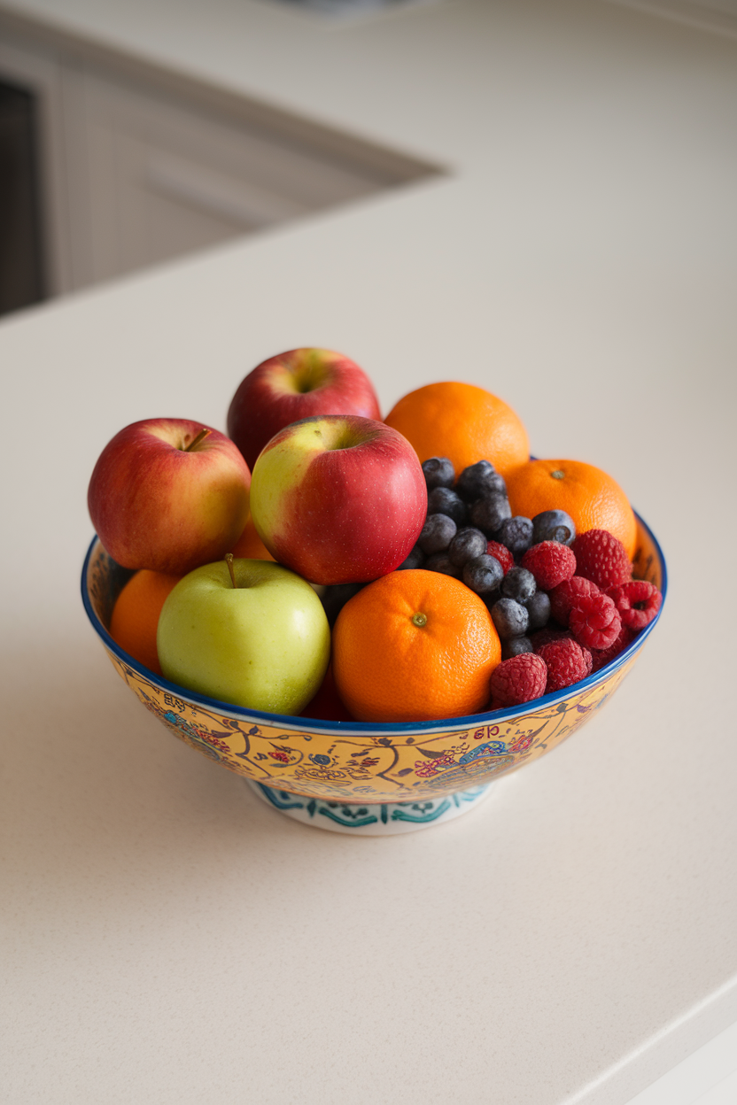 Indoor photo of a colorful fruit bowl featuring apples, oranges, and berries on a clean white countertop; no text or logos.