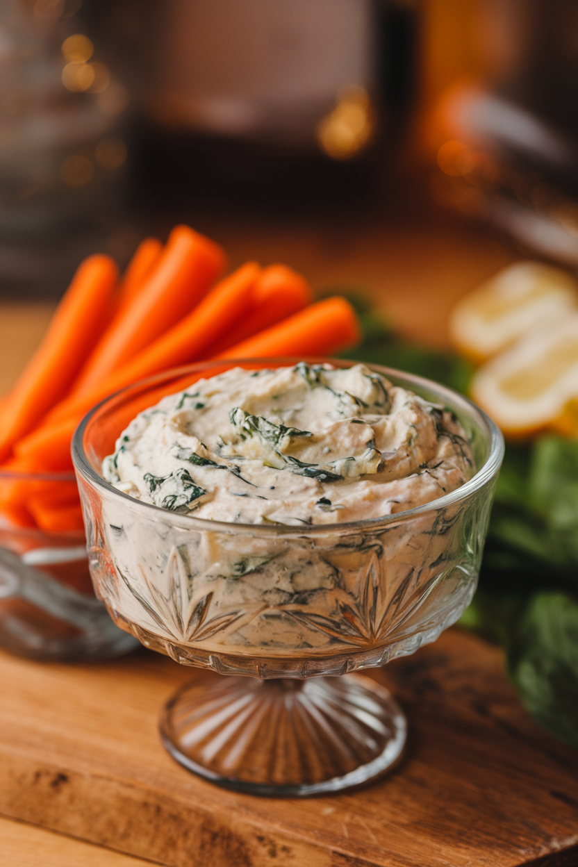 Photo of creamy spinach dip in a glass bowl, carrot sticks beside, indoor light. No text or logos.