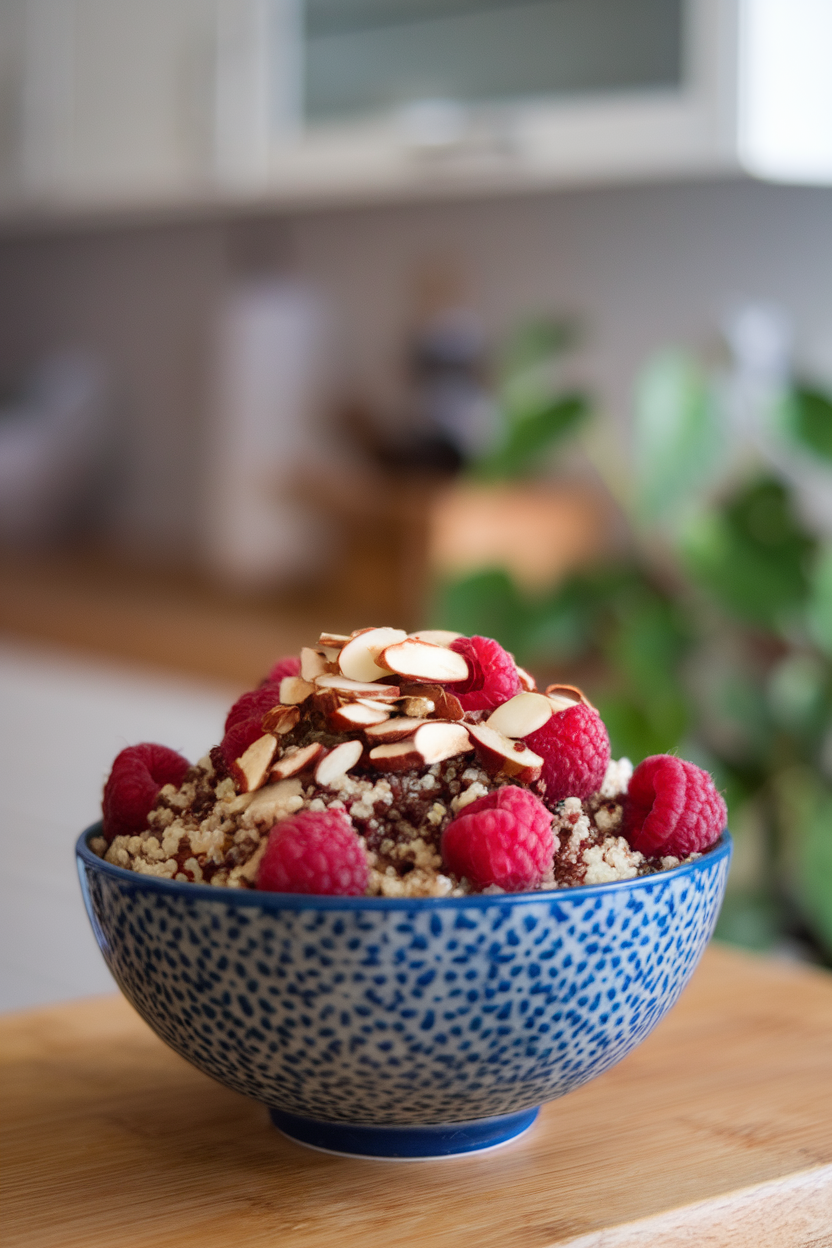 Bowl indoors of chocolate-tinted quinoa topped with sliced almonds and raspberries, no text or logos
