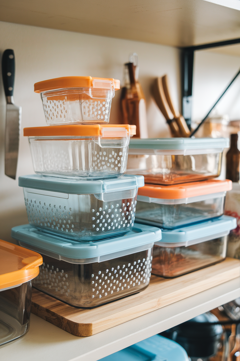 Assorted glass meal-prep containers stacked on a kitchen shelf, indoor photo, no text or logos