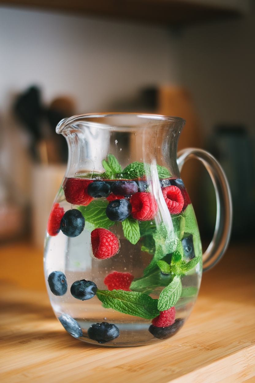 Indoor glass pitcher of water with floating raspberries, blueberries, and fresh mint leaves; no text or logos, photo style.