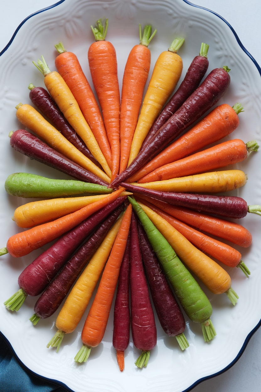 Indoor photo of rainbow carrots coated in shiny honey glaze on a white serving platter; no text or logos