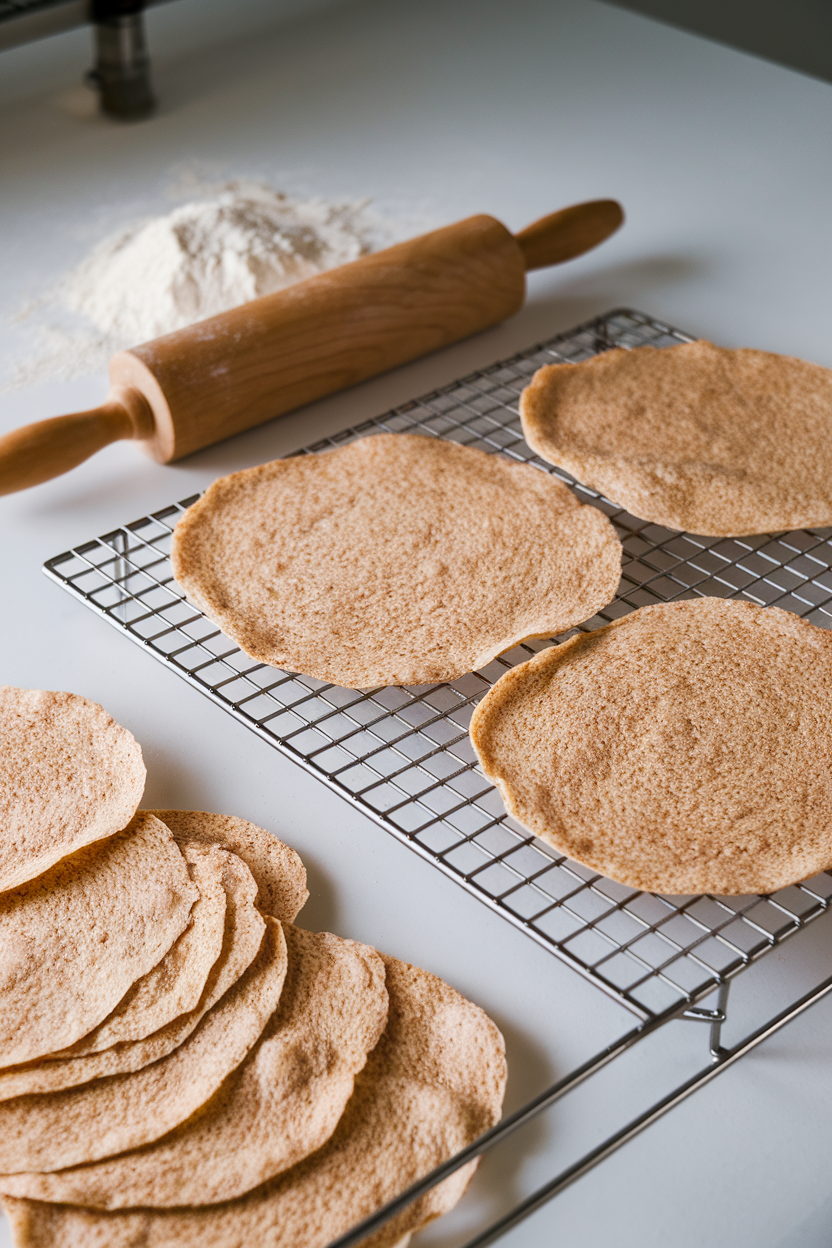 An indoor rolling station showing thin sheets of whole-grain lavash cooling, a rolling pin and flour nearby. No text or logos. Photo only.