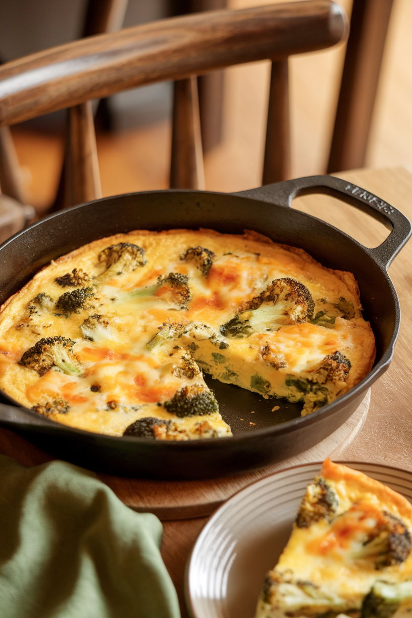 Indoor brunch setting with a cast-iron pan holding a golden frittata studded with broccoli florets and melted cheddar, slices ready to serve. No logos or text.