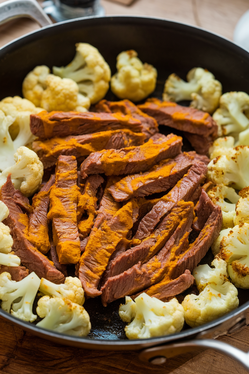 Indoor skillet shot of golden turmeric-spiced beef strips mixed with cauliflower florets. No text or logos; photo.