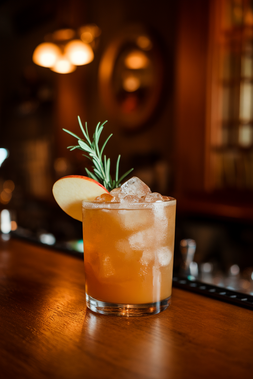 Indoor wooden bar with a short tumbler of apple cider bourbon smash, crushed ice mounded high, apple slice and rosemary sprig garnish. Photo, no text or logos.