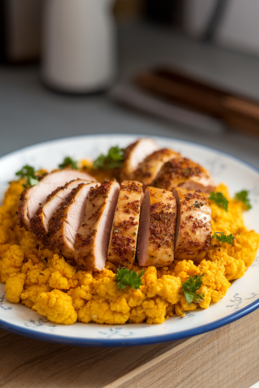 Photo of an indoor dinner plate featuring sliced Moroccan-spiced chicken thighs over turmeric cauliflower rice, garnished with parsley. No text or brand marks.