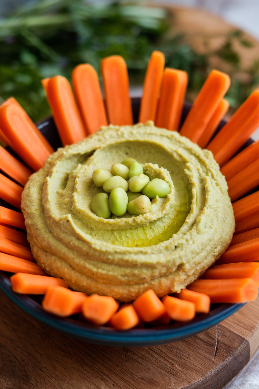 Indoor bowl of pale green edamame hummus surrounded by bright carrot batons—photo, no text or logos.