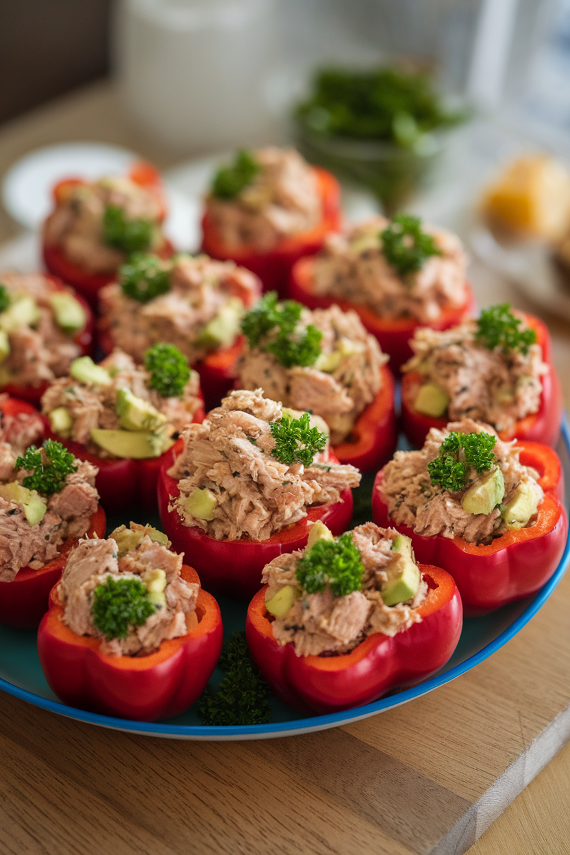 Photo of an indoor platter holding halved red bell peppers stuffed with cooked tuna-avocado mixture, parsley garnish, no branding present.