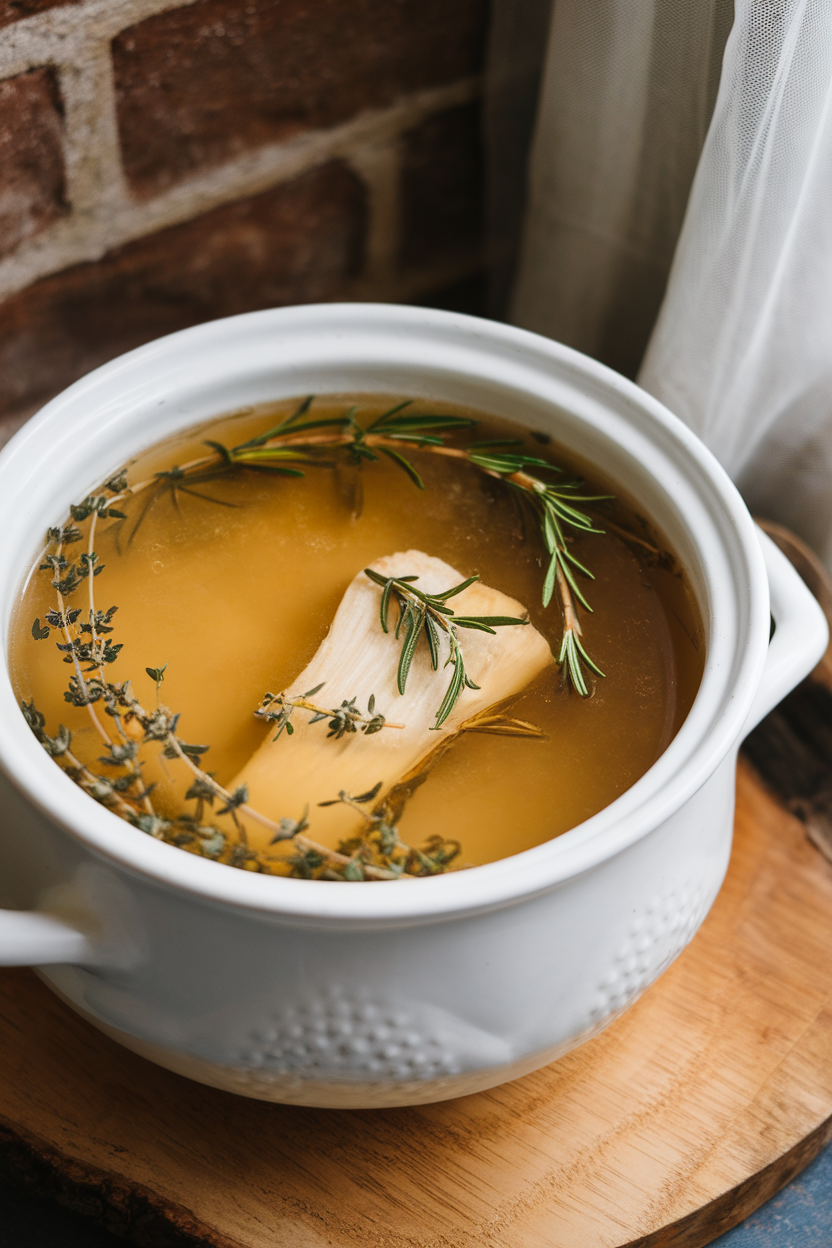 An indoor soup tureen of clear golden bone broth with herbs floating, photo, no text or logos.