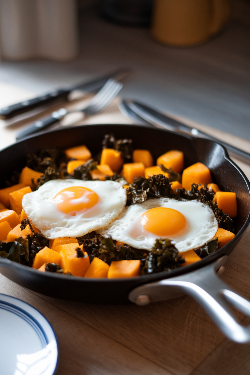 Photo of a skillet containing golden butternut squash cubes, wilted kale, and two sunny-side-up eggs on top. Indoor breakfast setting, no text or logos.</Prompt