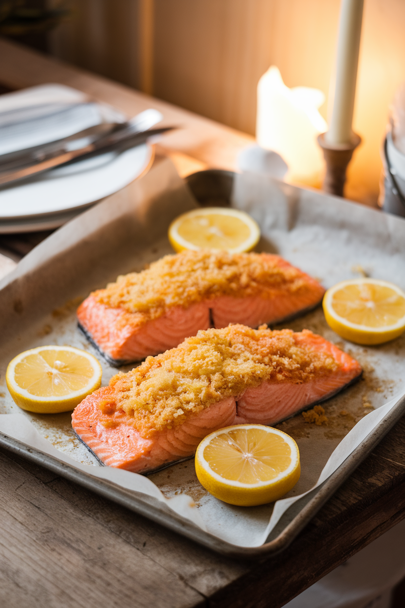 A warmly lit indoor dining nook with a parchment-lined baking tray holding cooked salmon fillets topped with a golden Parmesan crust and lemon wedges. No raw fish, no text or logos. Photo, not illustration.