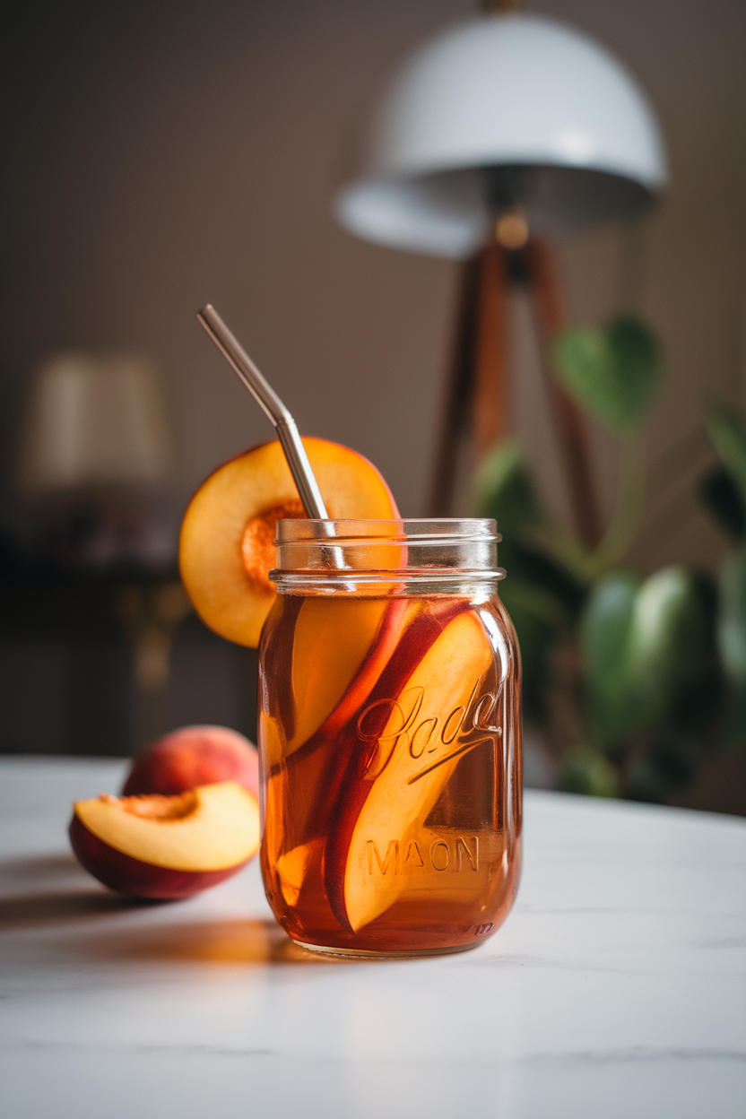Indoor dining table with a mason jar of amber nectarines-infused tea, thin nectarine slices pressed against glass, reusable metal straw. Photo, no text or logos.