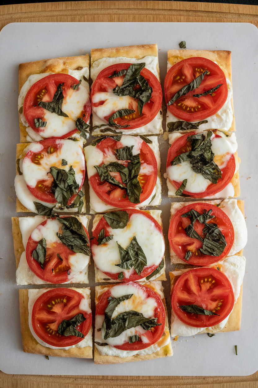 Photo of an indoor cutting board with rectangular flatbread topped with melted mozzarella, sliced tomatoes, and basil chiffonade, cut into bite-sized squares; no text or logos.