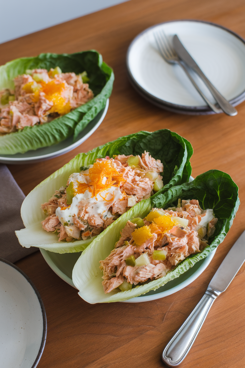 A wooden indoor table displaying crisp romaine leaves filled with tuna salad made with Greek yogurt, orange zest, and diced celery. No text or logos anywhere. Photo.