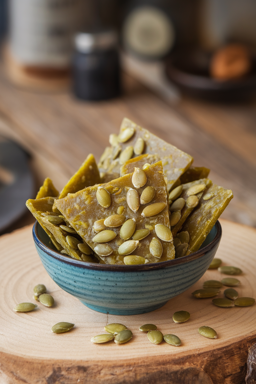 An indoor snack bowl of green-tinted brittle shards studded with pumpkin seeds—no text or logos; photo, not illustration