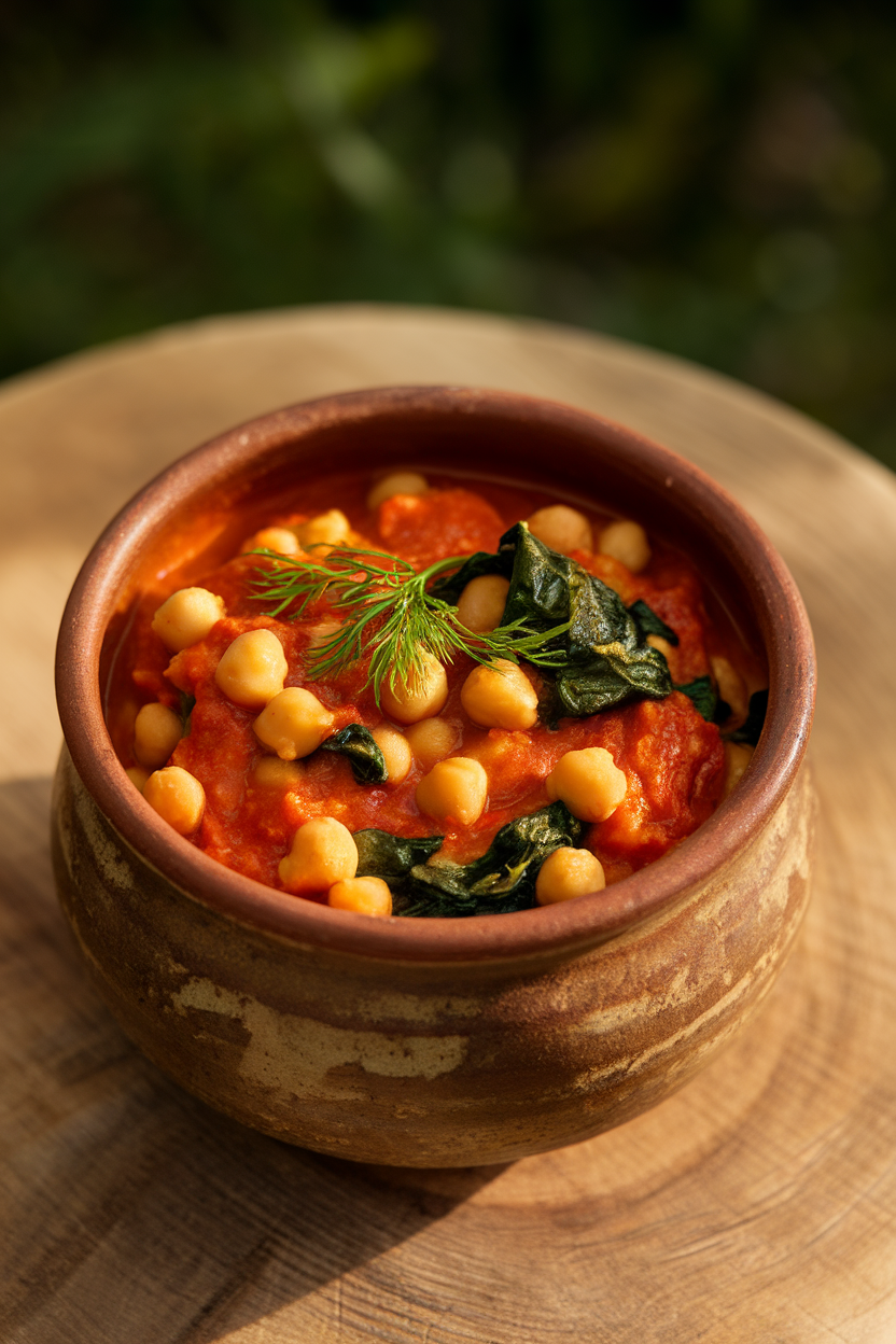 Indoor photo of a rustic earthenware bowl containing tomato-based chickpea stew with wilted spinach, garnished with fresh dill; warm top light, no text or logos