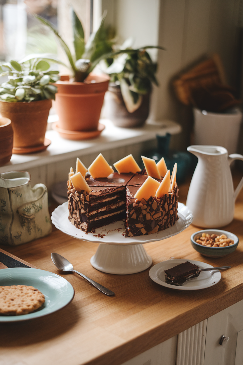 A cozy indoor kitchen counter with a slice of chocolate cake topped with shards of saltine toffee bark. No text or logos. Photo, not illustration.