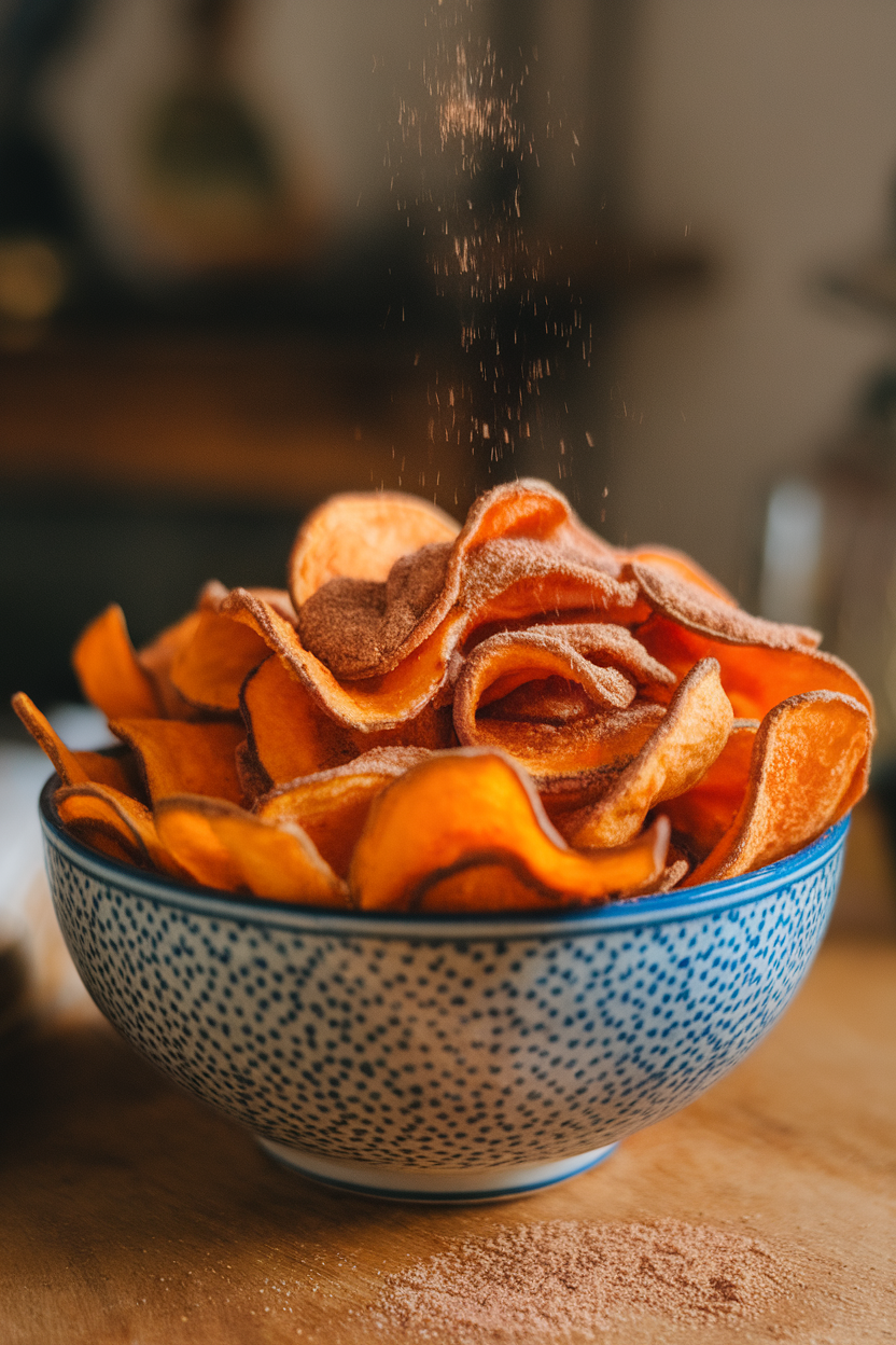 An indoor snack bowl heaped with baked sweet potato chips dusted in cinnamon sugar, warm light highlighting their curl. Photo, no text or logos.