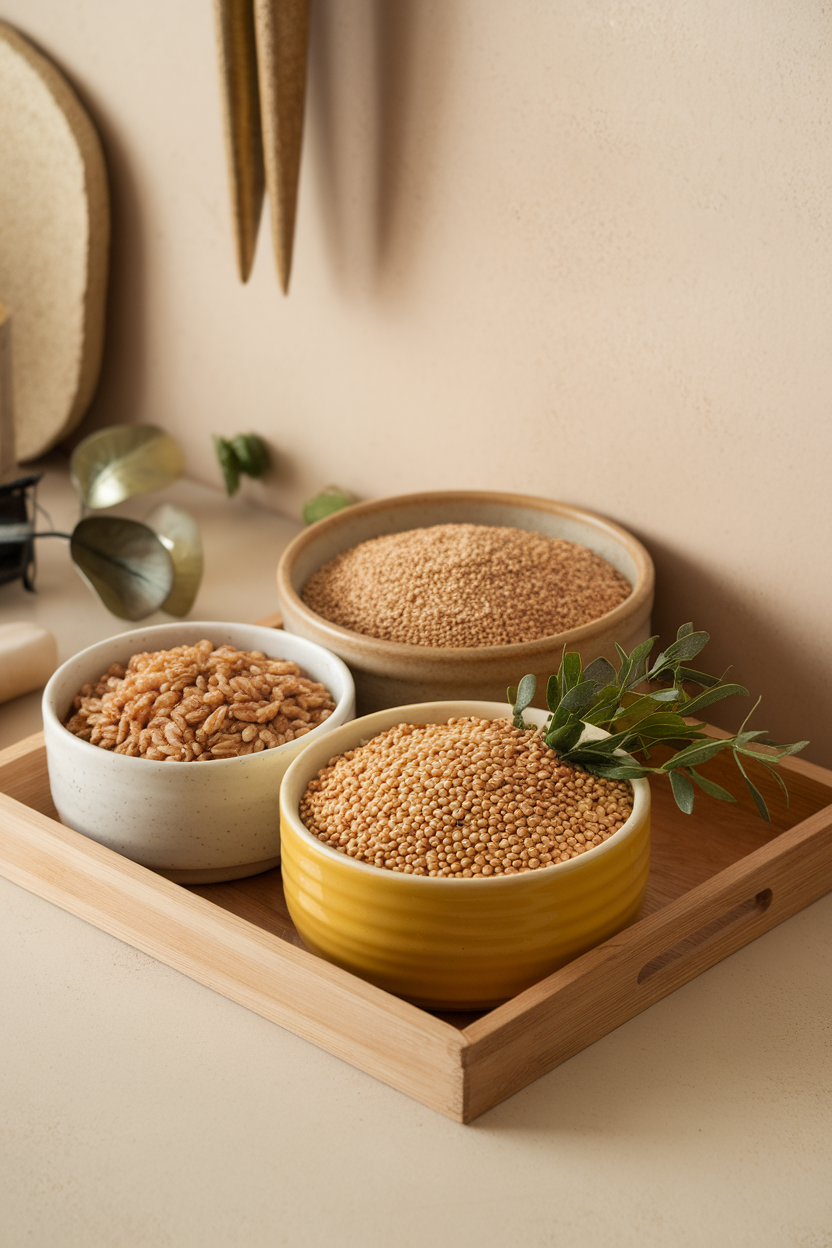 Photo prompt: An indoor countertop with bowls of cooked farro, teff, and millet arranged side by side, no text or logos.