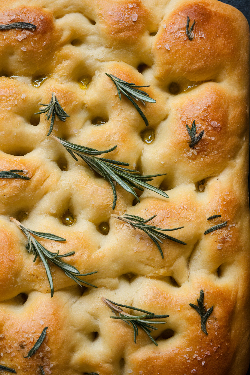 Indoor photo of a slab of golden focaccia dotted with rosemary sprigs and coarse salt, olive oil glistening on top. No text or logos.