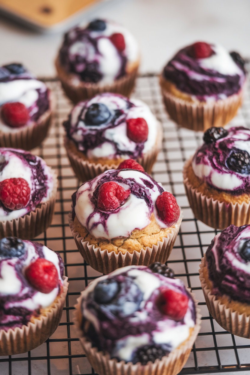 Indoor photo of muffins with vibrant berry yogurt swirls on top, cooling rack, no text or logos