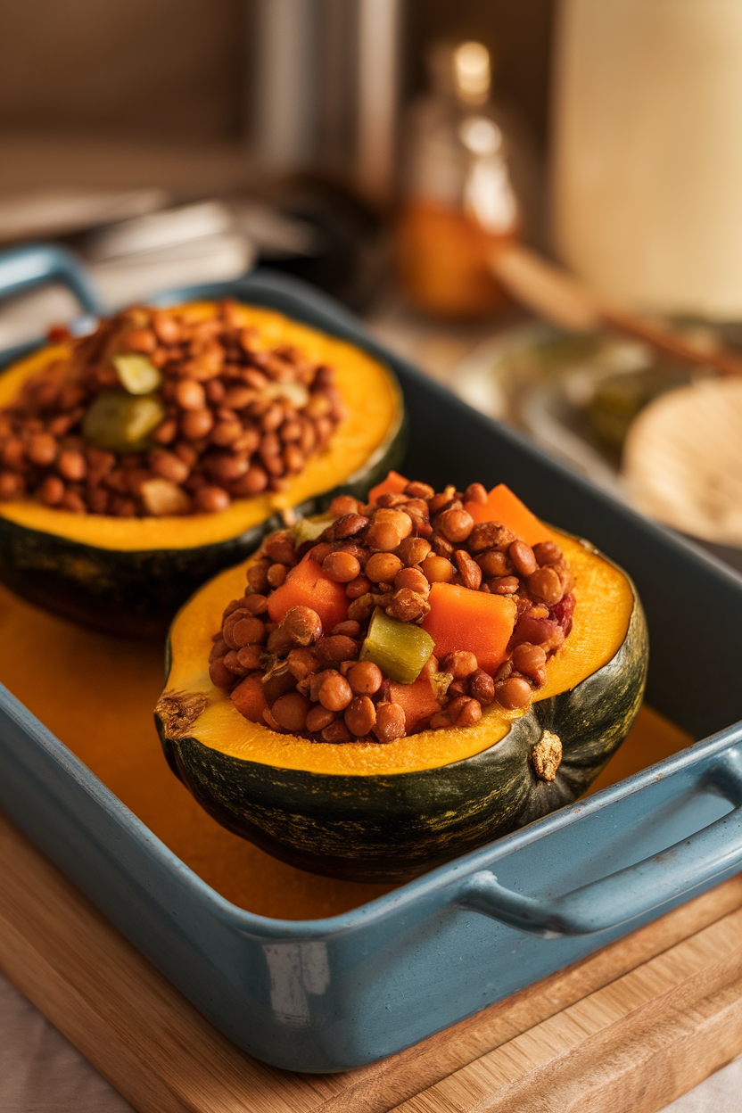 Indoor baking dish with halved acorn squash filled with stewed lentils and vegetables, shot at three-quarter angle. No text or logos.