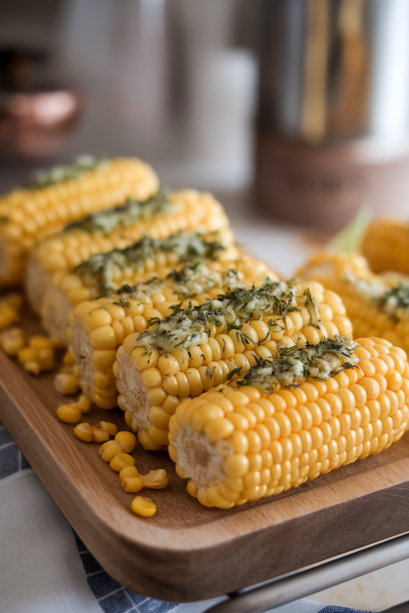 A row of mini corn cobs brushed with herb butter sitting on an indoor platter. No text or logos.