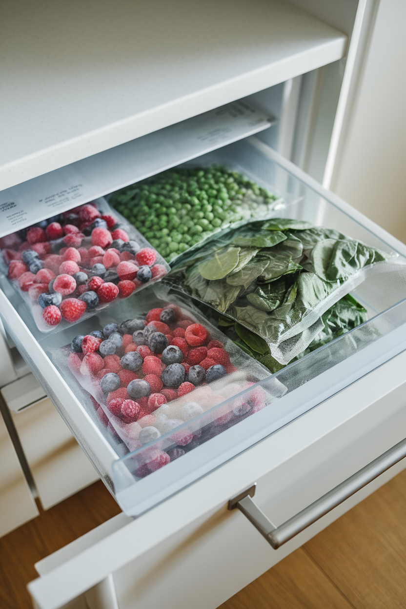 Indoor freezer drawer pulled open, showing frozen mixed berries, peas, and spinach in clear, unbranded bags. Even lighting, no text or logos, photo not illustration.