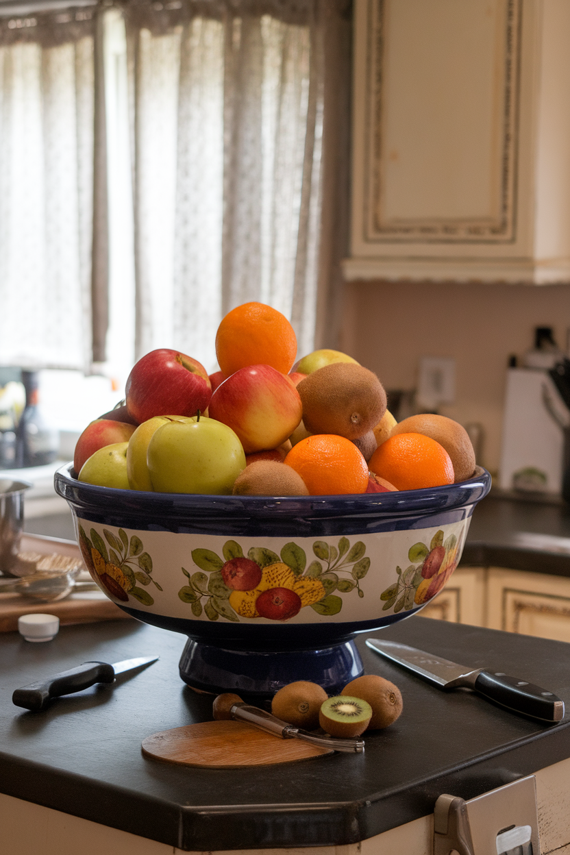Photo of an indoor ceramic bowl filled with apples, oranges, and kiwis placed on a central kitchen island. No text or logos anywhere.