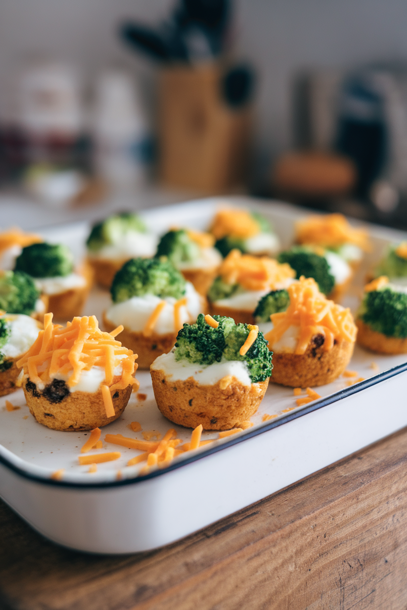 Indoor tray photo of mini egg bites dotted with broccoli florets and melted cheddar on top, no text or logos.