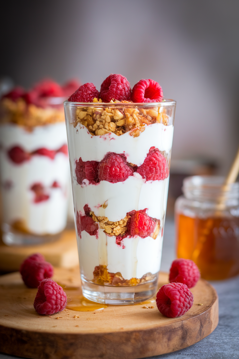 Indoor photo of a tall parfait glass layered with Greek yogurt, homemade granola, and raspberries, drizzled with honey; no text or logos.