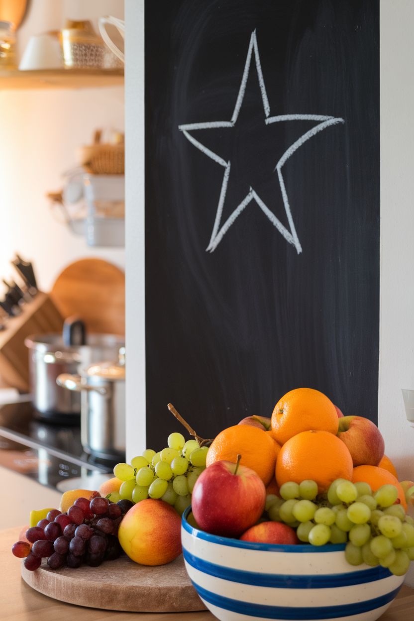 A kitchen chalkboard with a simple star drawing (no text) beside a bowl of fresh fruit on a counter, indoor scene. No text or logos. Photo, not illustration.