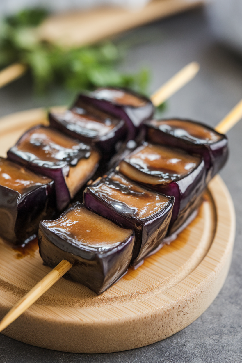 Indoor table scene featuring wooden skewers of glossy, fully cooked eggplant cubes brushed with miso glaze. Light reflects off the caramelized edges; no text or logos in sight. Photo only.