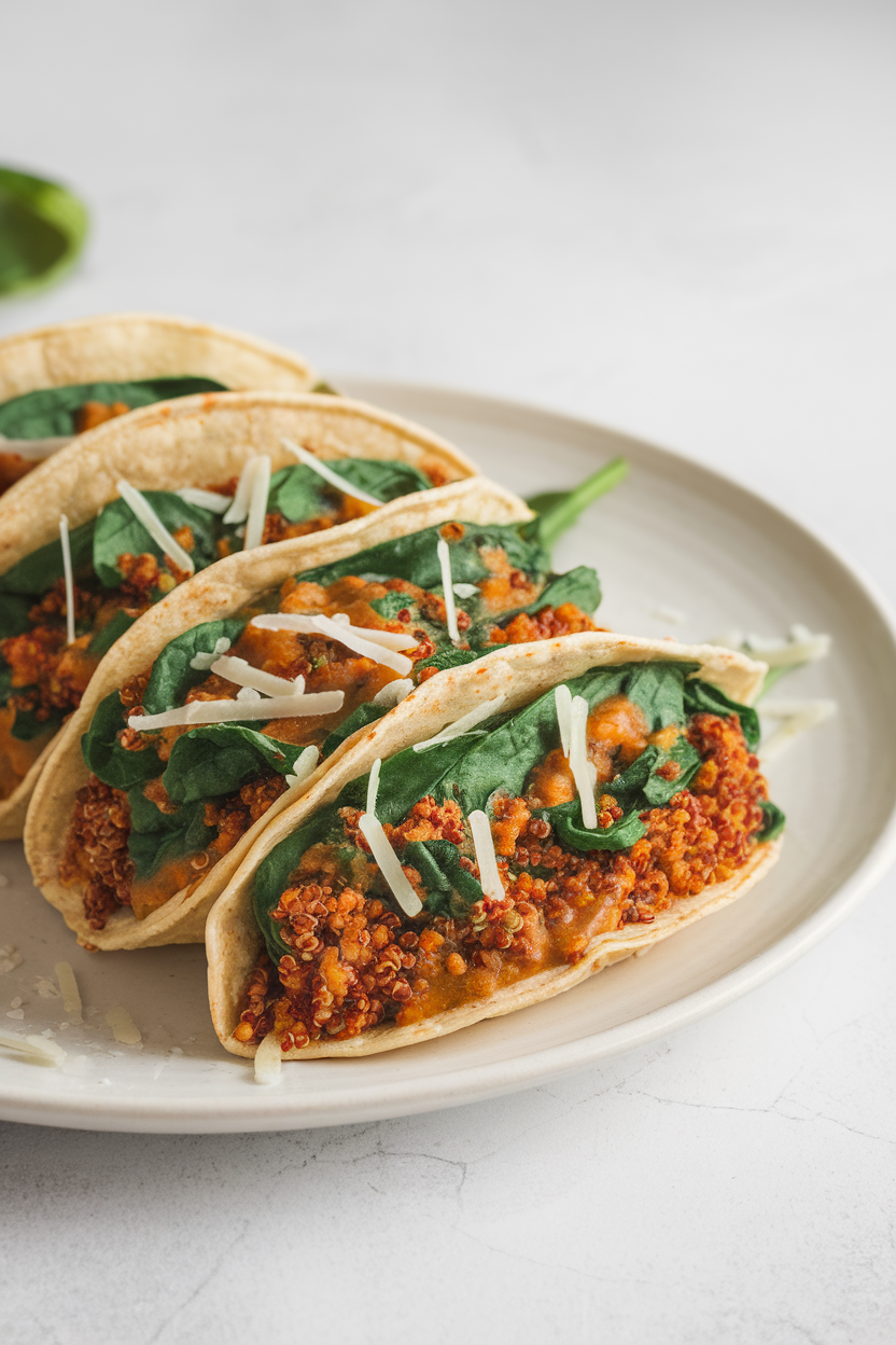 An indoor close-up of corn tortillas stuffed with red quinoa and bright spinach, coated in tomatillo verde sauce and sparse cheese. No text or logos.
