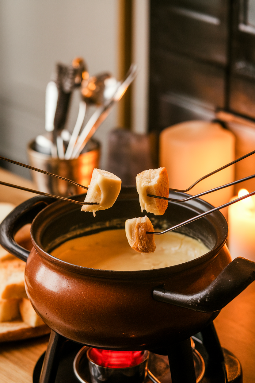 Photo of a fondue pot on an indoor table with melted cheese and long forks dipping cubes of crusty bread, warm lighting. No text or logos visible.