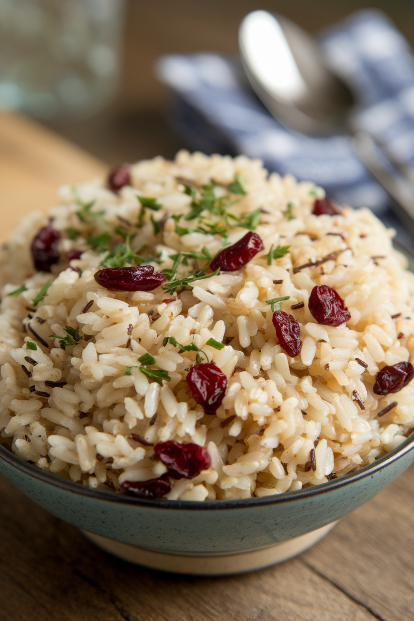 Indoor serving bowl of fluffy wild rice pilaf speckled with dried cranberries and chopped herbs. No branding. Photo only.