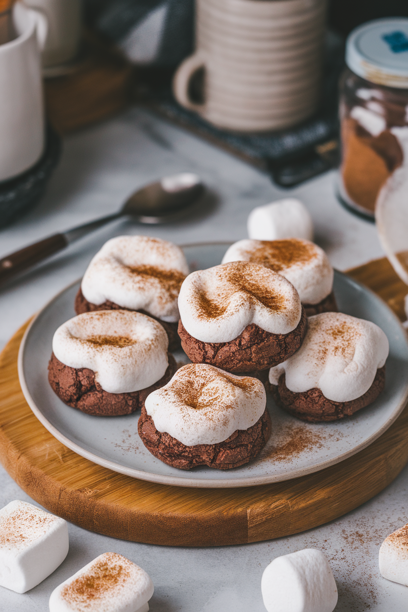 Indoor plate of chocolate cookies topped with gooey melted marshmallows, dusted lightly with cinnamon; no logos. Photo, not illustration.