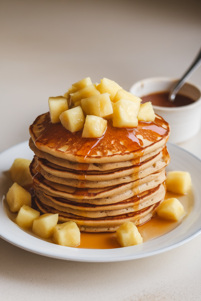 Indoor photo of pancakes dotted with pineapple tidbits and a side of spiced-rum caramel sauce; no text or logos.