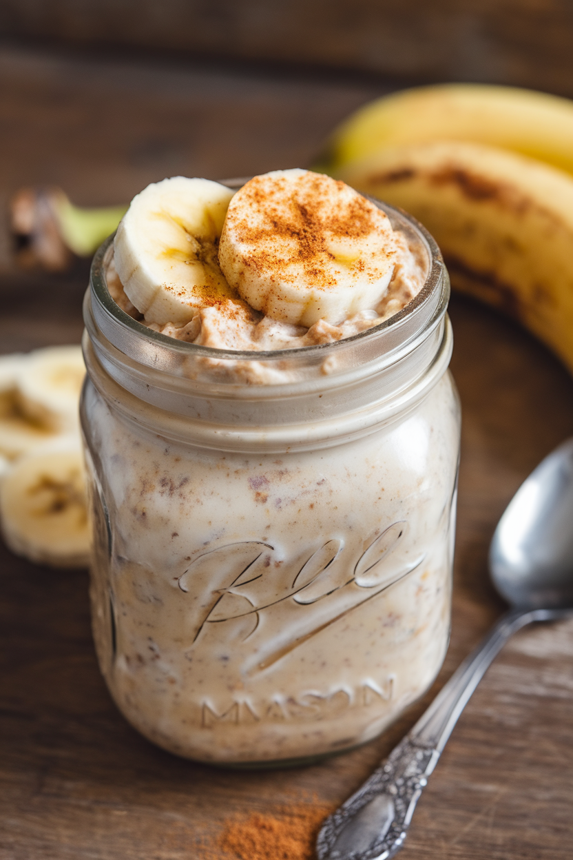 An indoor tabletop scene with a mason jar of creamy overnight oats topped with sliced bananas and a dusting of cinnamon; spoon rests beside it. No text or logos; photo, not illustration.