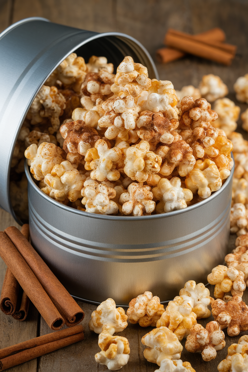 An indoor metal tin overflowing with caramel corn coated in dark gingerbread spices, cinnamon sticks beside the tin. No text or logos, photo only.