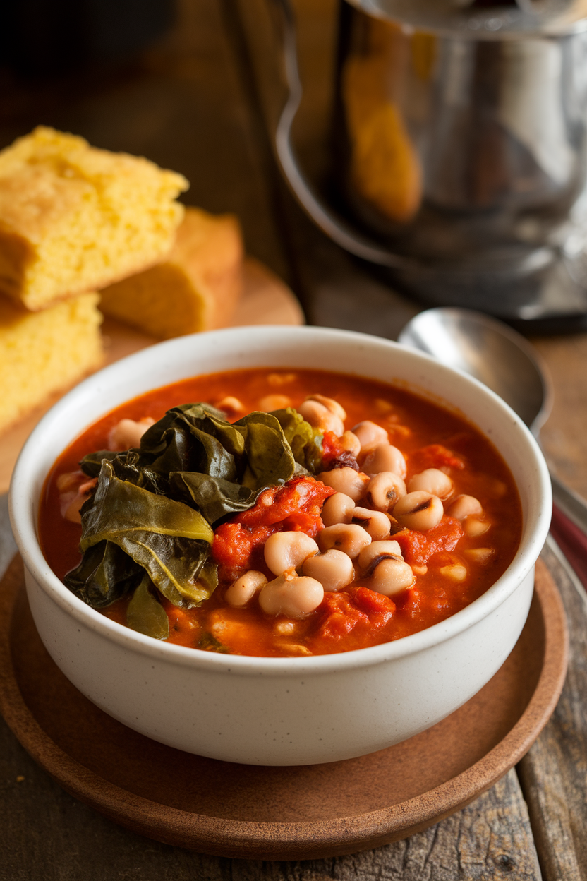 Indoor photo of chili featuring black-eyed peas and ribbons of collard greens in a tomato broth, no text or logos.