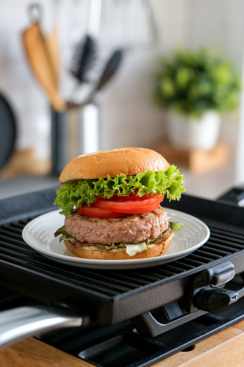 Indoor grill pan with a lean turkey burger topped with fresh lettuce and tomato, no text or logos. Photo.